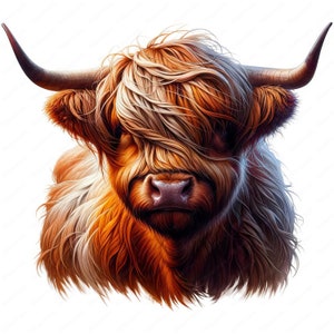 May include: Close-up portrait of a Highland cow with long, shaggy, reddish-brown fur and white patches. The cow's face is partially obscured by its fur, and its large, dark eyes are visible.