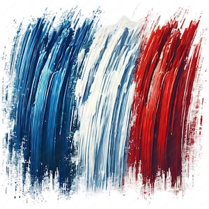 May include: Abstract painting of the French flag. The artwork features broad brushstrokes in blue, white, and red, arranged vertically. The paint strokes have a textured appearance, creating a dynamic and artistic representation of the national symbol.