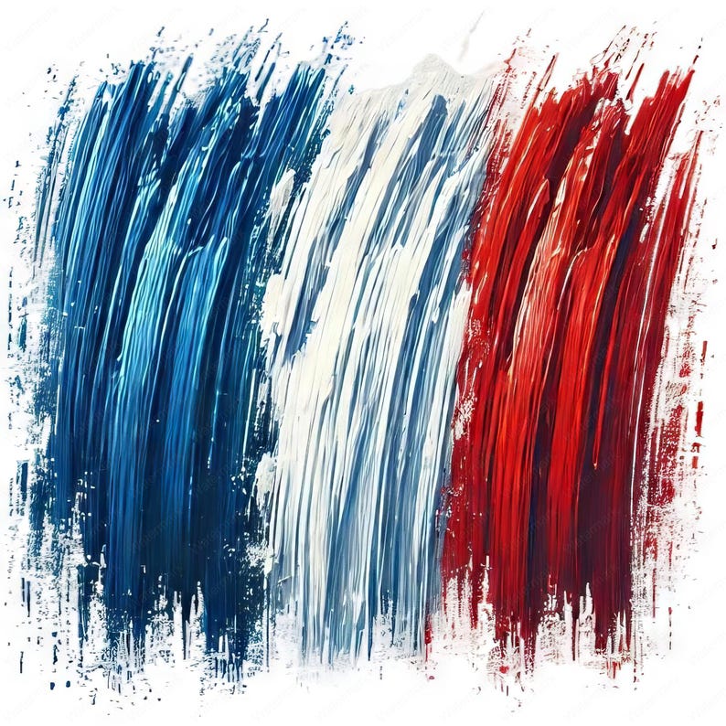 May include: Abstract painting of the French flag. The artwork features broad brushstrokes in blue, white, and red, arranged vertically. The paint strokes have a textured appearance, creating a dynamic and artistic representation of the national symbol.