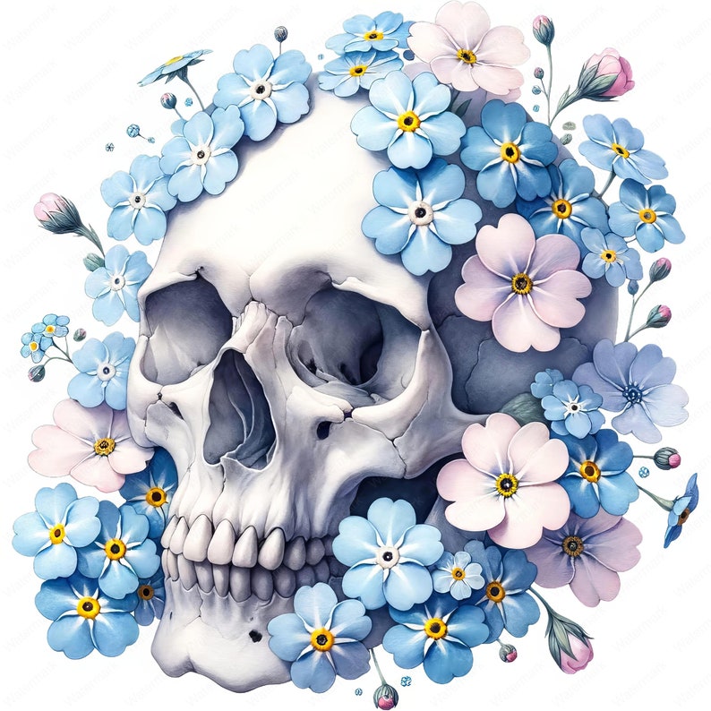 Puede incluir: Un cr&aacute;neo humano blanco con una corona de flores azules y rosas de nomeolvides.