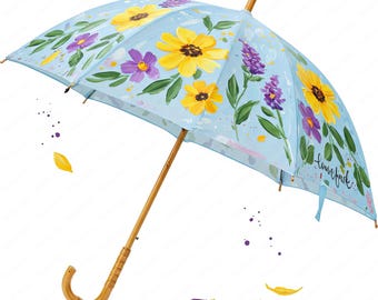 Clipart z kwiatowym parasolem: Pakiet akwarelowych kwiatów w formacie PNG (pobieranie cyfrowe)