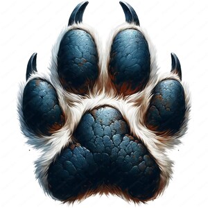 May include: A close-up of a large, furry, dark blue paw print with four toes and claws. The paw print is on a white background.
