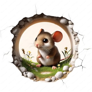 May include: A small brown mouse with pink ears peeks out of a hole in a white wall. The mouse is sitting on a bed of green grass with small white flowers and rocks.