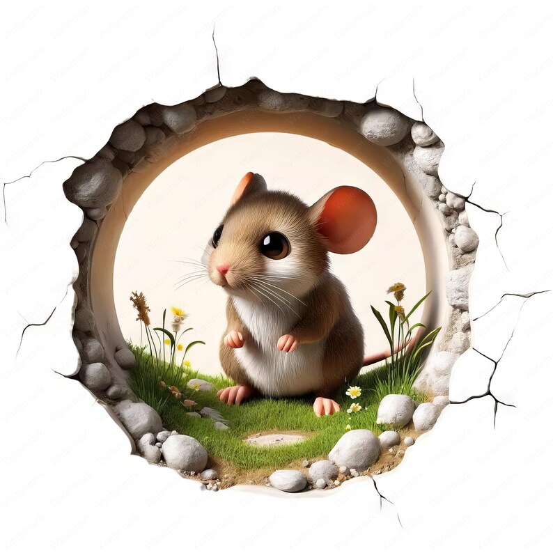 May include: A small brown mouse with pink ears peeks out of a hole in a white wall. The mouse is sitting on a bed of green grass with small white flowers and rocks.