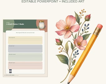 Gratitude Journal and Kindness Activity Kit, Editable PowerPoint, SEL Reflection Pages, Botanical PNG Clipart