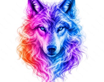 Rainbow Wolf Clipart Bundle, 10 Colorful PNG JPG Designs