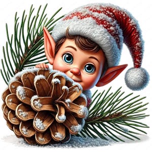 Peut inclure: Un lutin de Noël portant un bonnet de Père Noël rouge et blanc se cache derrière une grosse pomme de pin brune recouverte de neige.