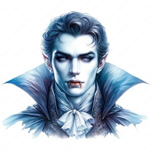 K&ouml;nnte beinhalten: Ein Portr&auml;t eines Vampirs mit blasser Haut, dunklen Haaren und einem blau-roten Umhang. Er hat ein wenig Blut an der Lippe.