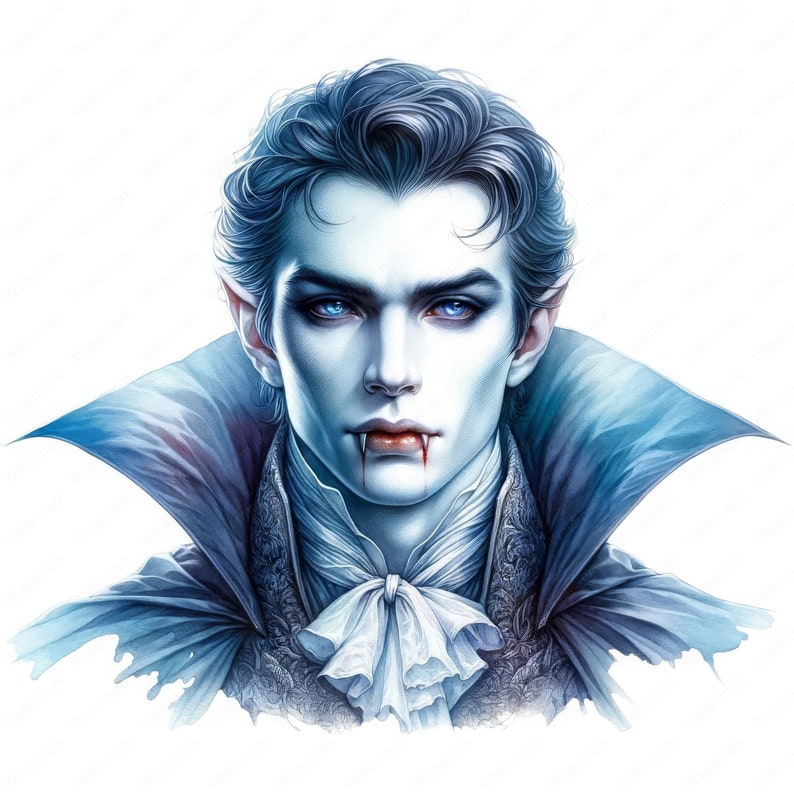 K&ouml;nnte beinhalten: Ein Portr&auml;t eines Vampirs mit blasser Haut, dunklen Haaren und einem blau-roten Umhang. Er hat ein wenig Blut an der Lippe.