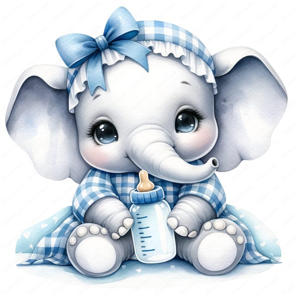 Baby Elephant with Baby Bottle Clipart | 10 High-Quality JPG | Nursery Decor | Cute Elephant Illustrations | Digital Prints | Commercial Use