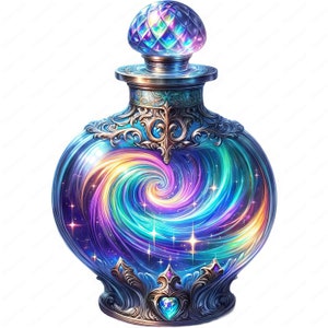 May include: A glass bottle with a gold metal top and a swirling galaxy design inside. The bottle is filled with a blue, purple, and green swirling liquid with stars.