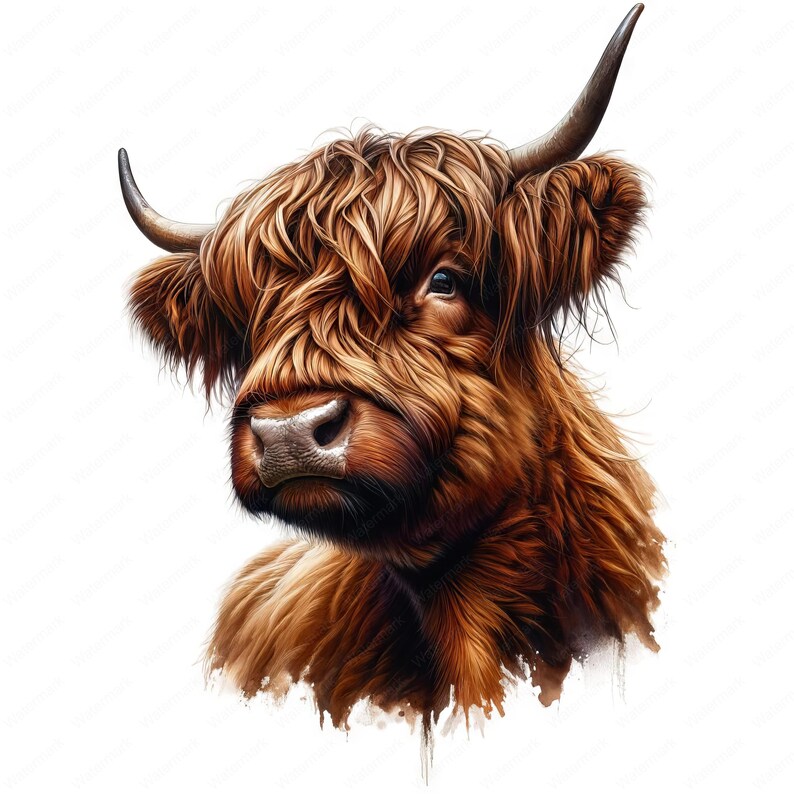 May include: A close-up portrait of a Highland cow with long, shaggy brown fur. The cow has a soft, gentle expression and its horns are visible.