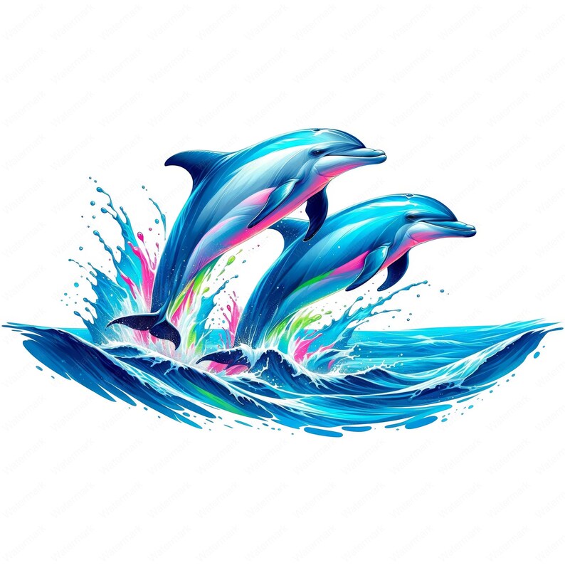 Puede incluir: Dos delfines azules saltan fuera del agua, creando una salpicadura de rosa, verde y azul. Los delfines est&aacute;n en el aire, con sus colas y aletas extendidas.