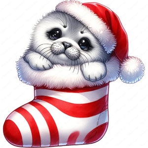 May include: A white seal pup wearing a red Santa hat is nestled inside a red and white striped Christmas stocking.