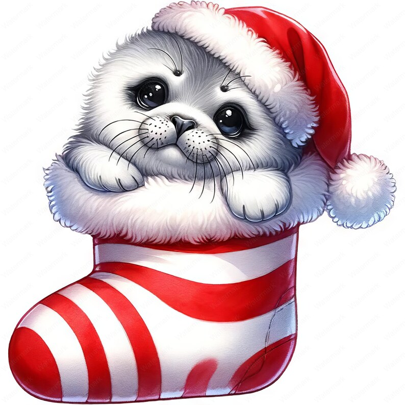 May include: A white seal pup wearing a red Santa hat is nestled inside a red and white striped Christmas stocking.