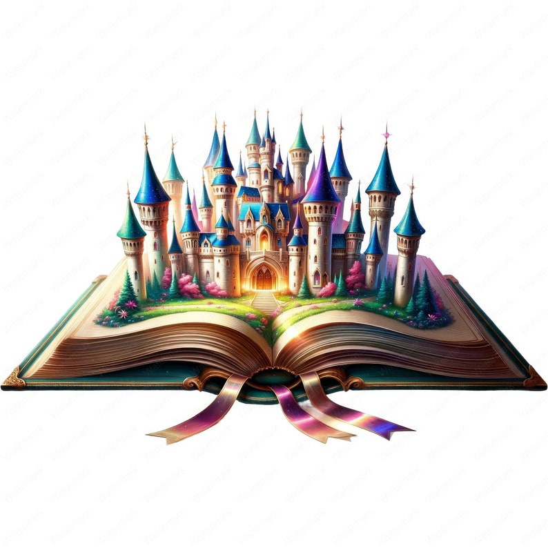 May include: An open book with a colorful fairytale castle emerging from the pages. The castle has blue, purple, and white towers with golden accents. The book has a green cover and gold accents.