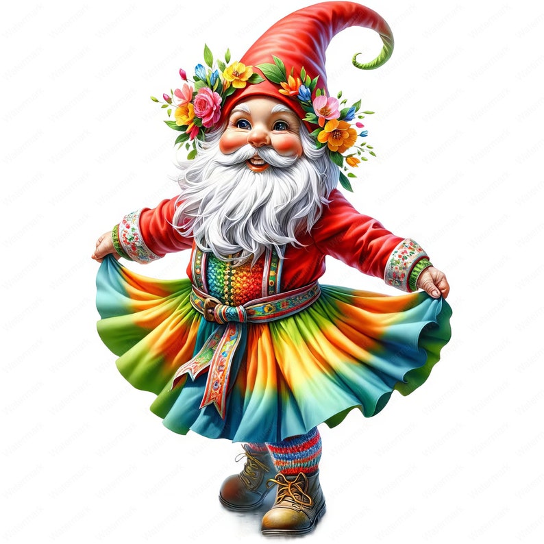 May include: A whimsical gnome wearing a red hat with a flower crown, a rainbow-colored dress, and brown boots. The gnome is smiling and holding the hem of the dress.