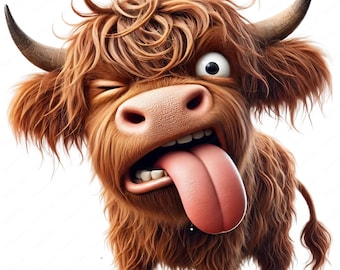 Quirky Highland Cow Clipart: Funny Cartoon Animal PNG Bundle (Digital Download)