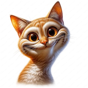 May include: A close-up of a cartoon cat with large, brown eyes and a wide, toothy grin. The cat has orange and white fur and is looking directly at the viewer.