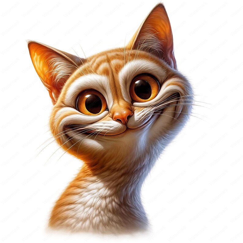 May include: A close-up of a cartoon cat with large, brown eyes and a wide, toothy grin. The cat has orange and white fur and is looking directly at the viewer.