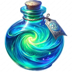 May include: A glass bottle with a cork stopper filled with a swirling blue and green liquid. The bottle has a silver tag with a symbol on it.
