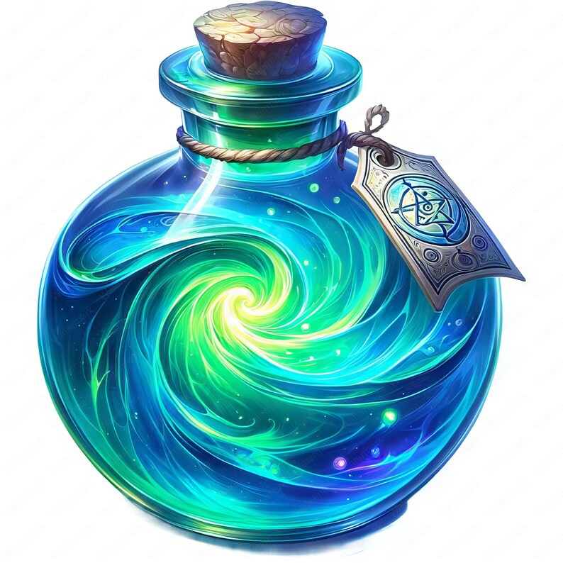 May include: A glass bottle with a cork stopper filled with a swirling blue and green liquid. The bottle has a silver tag with a symbol on it.