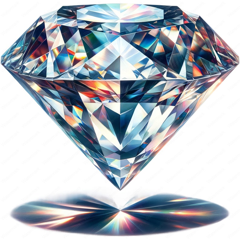 May include: A large, clear diamond with a rainbow-like iridescence. The diamond is faceted and has a pointed tip. It is casting a colourful reflection on the surface below.