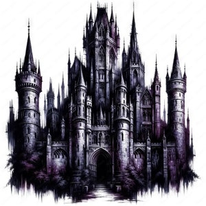 May include: A dark gray stone castle with many towers and pointed arches. The castle is set against a white background.