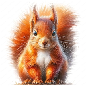 May include: A detailed illustration of a squirrel with reddish-brown fur, a white chest, and large, dark eyes. The squirrel is centered, with water droplets adding a glistening effect. The artwork has a soft, painterly style.
