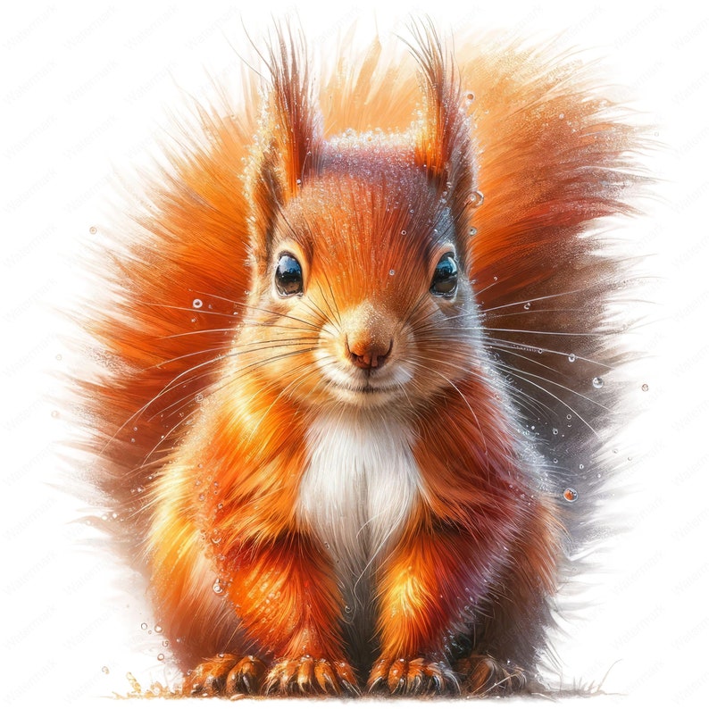 May include: A detailed illustration of a squirrel with reddish-brown fur, a white chest, and large, dark eyes. The squirrel is centered, with water droplets adding a glistening effect. The artwork has a soft, painterly style.