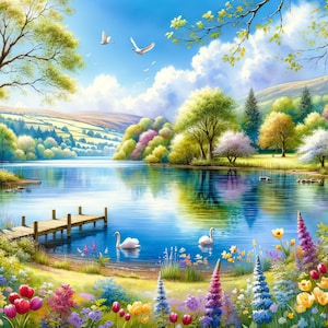 Clipart lente meer | Spring Lake digitaal papier | Serene ontwerpen | Veelzijdige kunst | Voor commercieel en persoonlijk gebruik