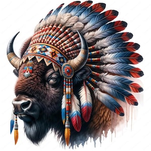 May include: A brown bison wearing a colorful Native American headdress with red, blue, and white feathers. The headdress has beads and fringe.