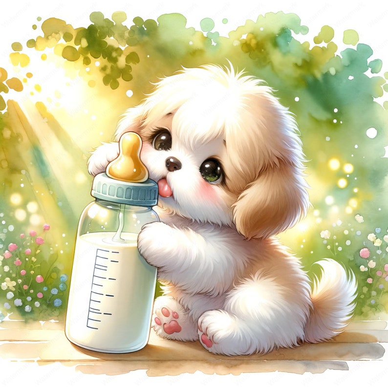 Baby Puppy with Baby Bottle Clipart 10 High-Quality Images Nursery Decor Cute Dog Illustrations Digital Prints Commercial Use zdjęcie 7