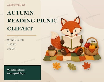Autumn Reading Picnic Clipart Bundle, 15 Papercut Woodland Animal PNGs for Fall Crafts