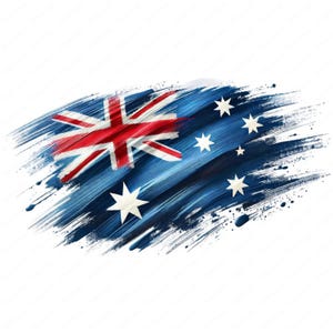 May include: A blue, white, and red Australian flag painted with brushstrokes on a white background.