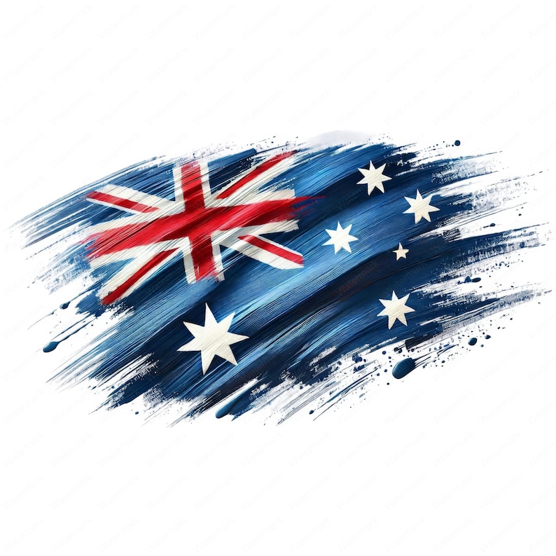 May include: A blue, white, and red Australian flag painted with brushstrokes on a white background.
