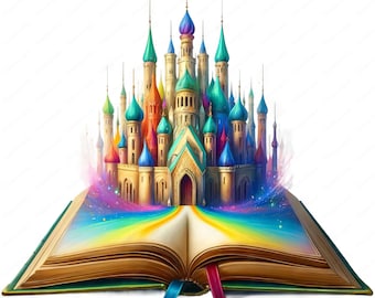 May include: A colorful castle pops out of an open book with a rainbow emanating from the castle. The book has a green cover and gold pages.