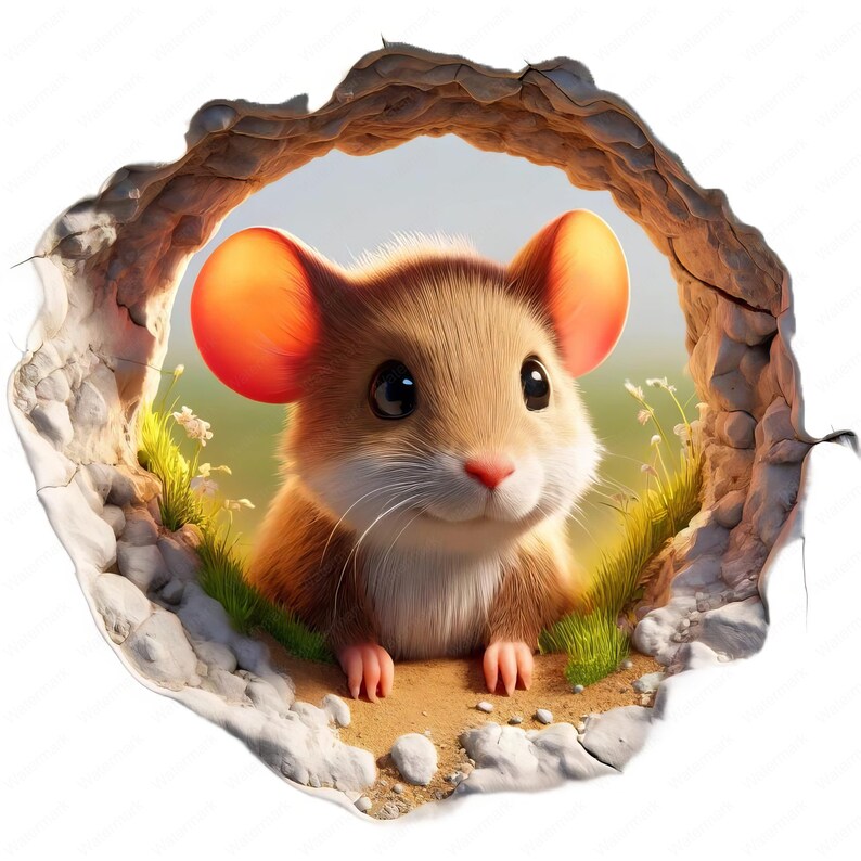 May include: A cute brown mouse with large pink ears peeks out of a hole in a stone wall. The mouse has a sweet expression and is looking directly at the viewer.