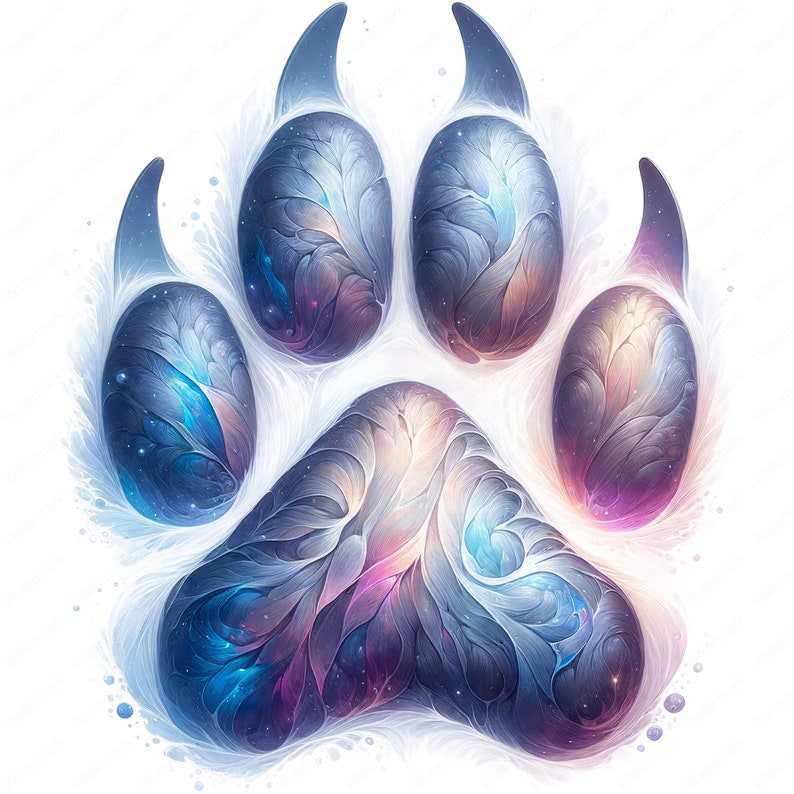 May include: A detailed illustration of a paw print with a galaxy-like design in shades of blue, purple, and pink. The paw print is surrounded by a white, feathery halo.