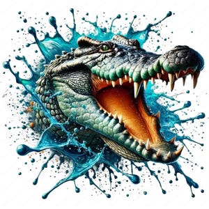 May include: A close-up of a crocodile's head with its mouth open, showing sharp teeth. The crocodile is surrounded by blue water splashes, creating a dynamic and energetic image.