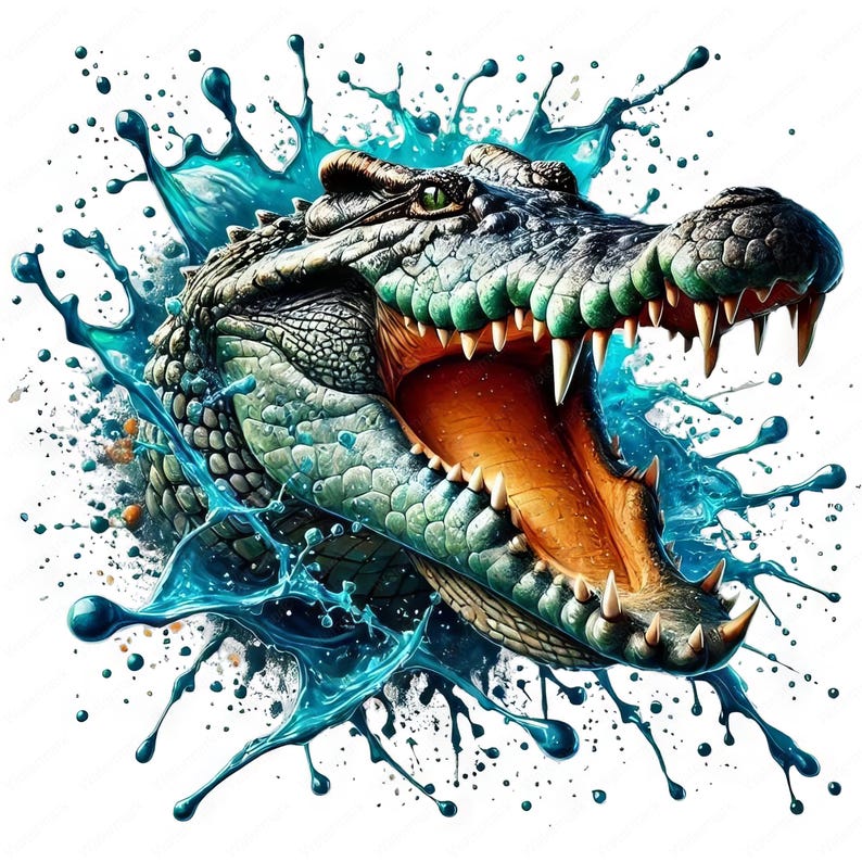 May include: A close-up of a crocodile's head with its mouth open, showing sharp teeth. The crocodile is surrounded by blue water splashes, creating a dynamic and energetic image.