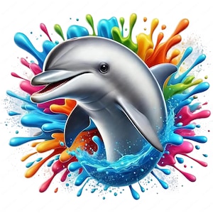 Puede incluir: Un delf&iacute;n gris salta a trav&eacute;s de un chorro de pintura colorida. El delf&iacute;n sonr&iacute;e y tiene una expresi&oacute;n juguetona. La pintura est&aacute; en tonos de azul, verde, amarillo, naranja, rosa y rojo.