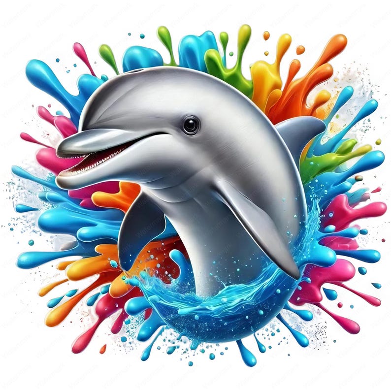 Puede incluir: Un delf&iacute;n gris salta a trav&eacute;s de un chorro de pintura colorida. El delf&iacute;n sonr&iacute;e y tiene una expresi&oacute;n juguetona. La pintura est&aacute; en tonos de azul, verde, amarillo, naranja, rosa y rojo.