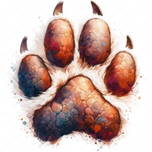 May include: A watercolor painting of a dog paw print with brown, orange, and blue tones. The paw print is surrounded by white fur and has five toes with claws.