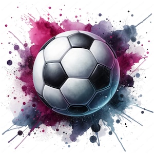 Puede incluir: Un bal&oacute;n de f&uacute;tbol blanco y negro con un fondo de acuarela de salpicaduras rosas y moradas.