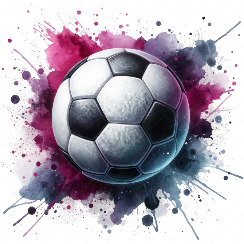 Puede incluir: Un bal&oacute;n de f&uacute;tbol blanco y negro con un fondo de acuarela de salpicaduras rosas y moradas.