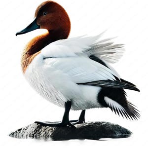 May include: A detailed illustration of a Canvasback duck. The duck has a reddish-brown head and neck, a black bill, and a white body with black accents on the back and tail. It stands on a gray rock, with a white background.