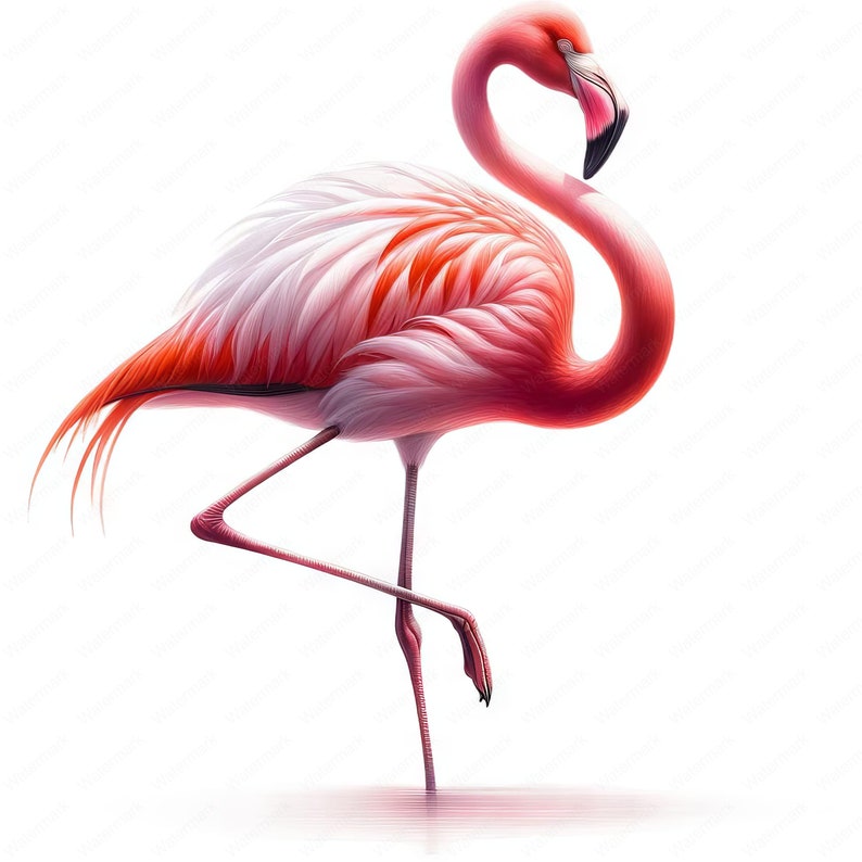 K&ouml;nnte beinhalten: Ein rosafarbener Flamingo steht auf einem Bein, den Kopf nach hinten gebeugt, und zeigt seinen langen Hals und die rosafarbenen Federn. Der Flamingo steht im seichten Wasser, sein Spiegelbild ist sichtbar.