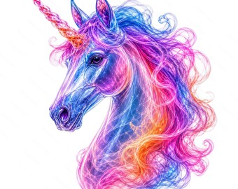 Rainbow Unicorn Clipart, Fantasy Horse PNG JPG, Magical Digital Art (Commercial Use)