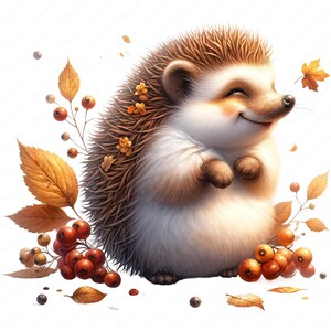 May include: A cute cartoon hedgehog with brown quills and a white belly is smiling. The hedgehog is surrounded by autumn leaves and red berries.